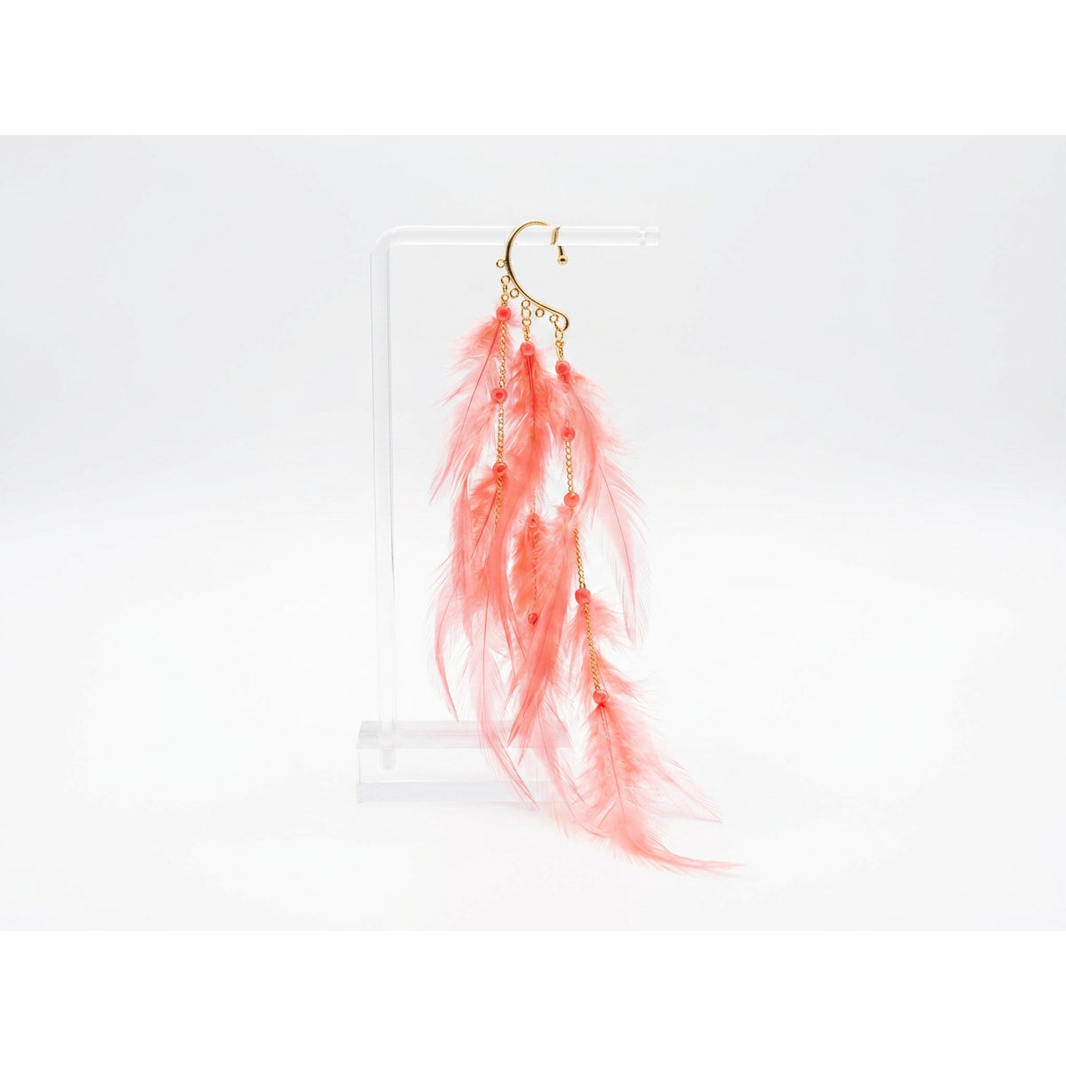 Boho Feather Ear Cuff — Coral Wispy Feather Earring in Gold, No Piercing Needed