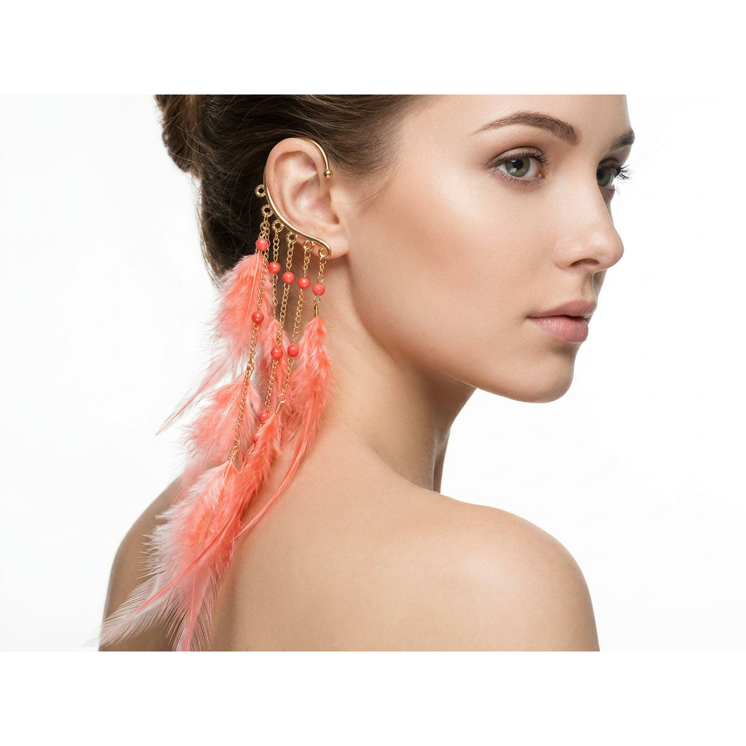 Boho Feather Ear Cuff — Coral Wispy Feather Earring in Gold, No Piercing Needed