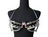Cosmic Starlight Decorated Wire Bra featuring holographic silver fabric, iridescent crystal gems, and black gemstone accents, displayed on a black mannequin—perfect for carnivals, festivals, and sparkling performances. #CarnivalMW #FestivalFashion #CarnivalReady #WireBra