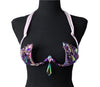 Crystal Prism Dream Decorated Wire Bra featuring holographic purple and pink wire cups, adorned with iridescent crystal jewels and dramatic hanging gemstone pendants—perfect for festivals, carnivals, and show-stopping performances. #CarnivalMW #FestivalFashion #CarnivalReady #WireBra