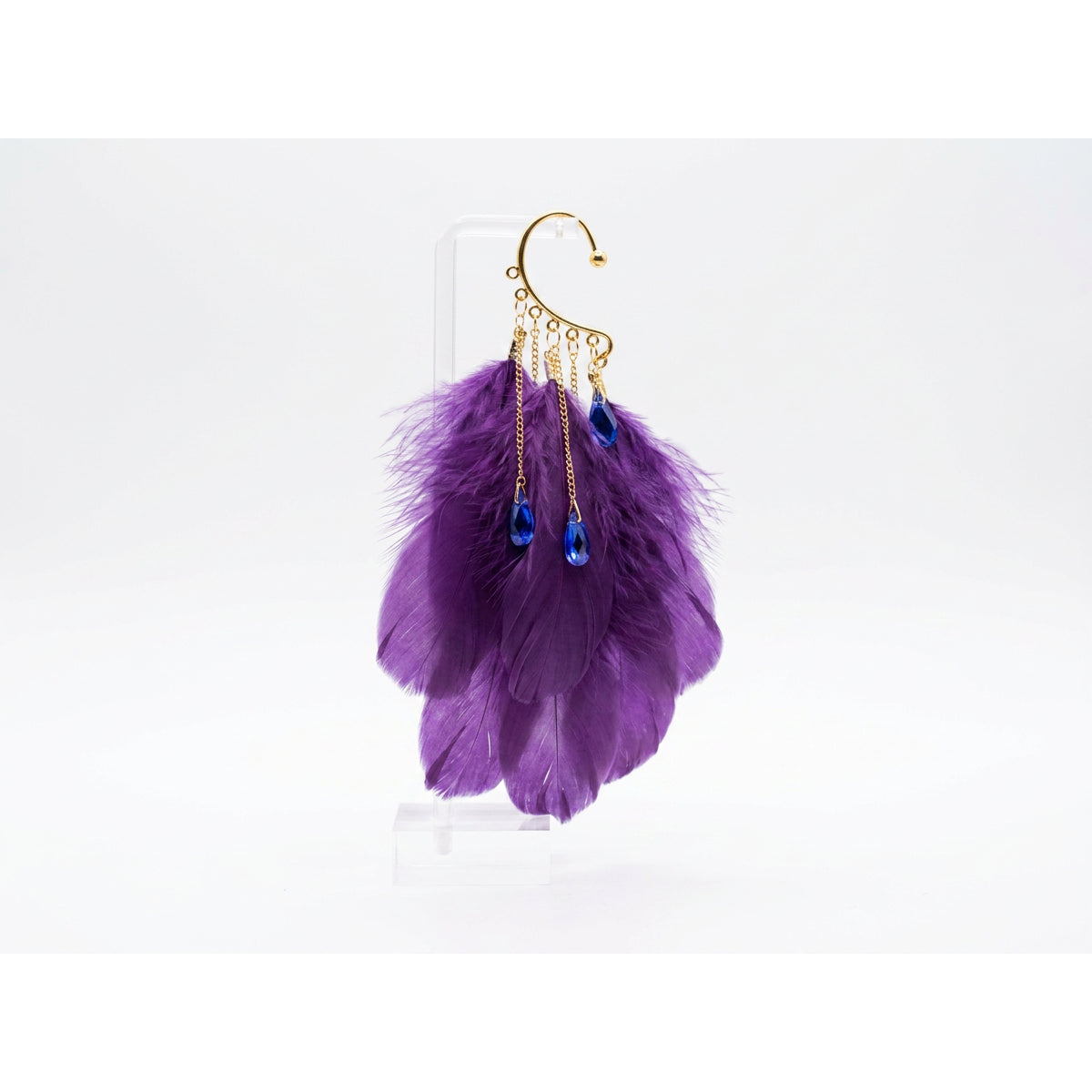 Boho Feather Ear Cuff — Grape Purple Feather & Sapphire Crystal Earring in Gold, No Piercing Needed-Boho Feather Ear Cuff — Grape Purple Feather & Sapphire Crystal Earring in Gold, No Piercing Needed – photo 2