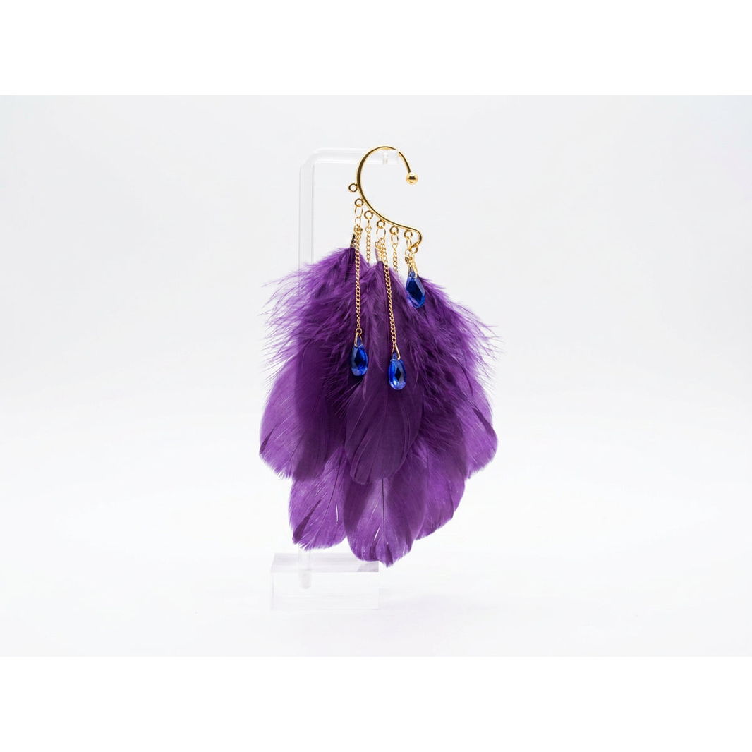 Boho Feather Ear Cuff — Grape Purple Feather & Sapphire Crystal Earring in Gold, No Piercing Needed