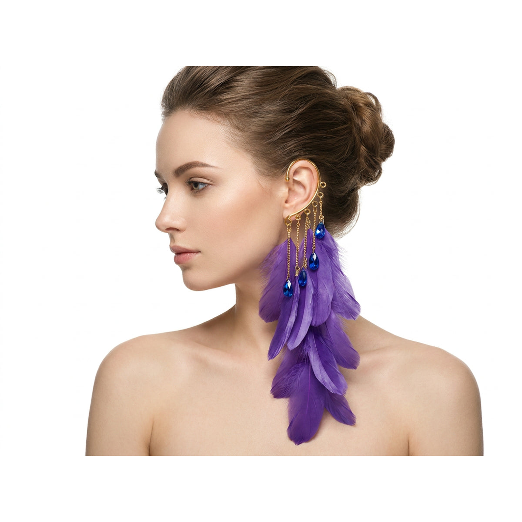 Boho Feather Ear Cuff — Grape Purple Feather & Sapphire Crystal Earring in Gold, No Piercing Needed