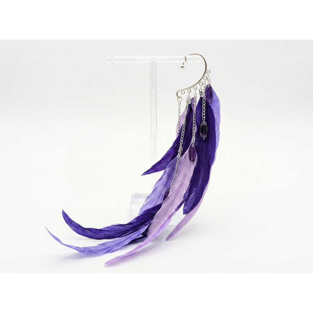 Boho Feather Ear Cuff — Violet & Lavender Feather Amethyst Earring in Silver, No Piercing Needed