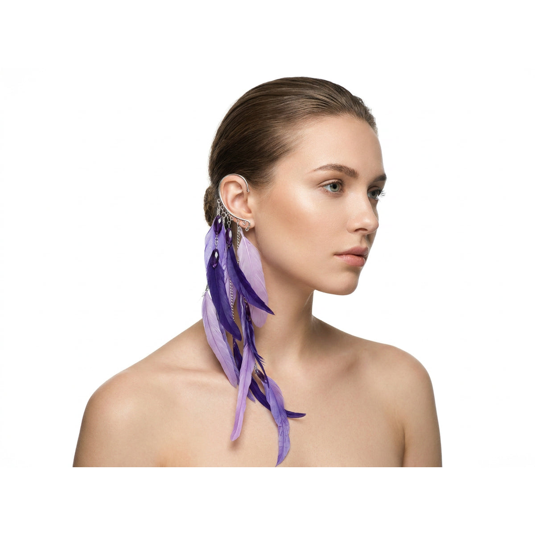Boho Feather Ear Cuff — Violet & Lavender Feather Amethyst Earring in Silver, No Piercing Needed