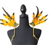 Desert Gold Feather Small Collar Wings featuring a dazzling blend of golden yellow and brown feathers with sparkling embellishments; lightweight, adjustable, and handmade for carnival and festival wear. #CARNIVALFEATHERS #CARNIVAL #CARNIVALCOSTUMES