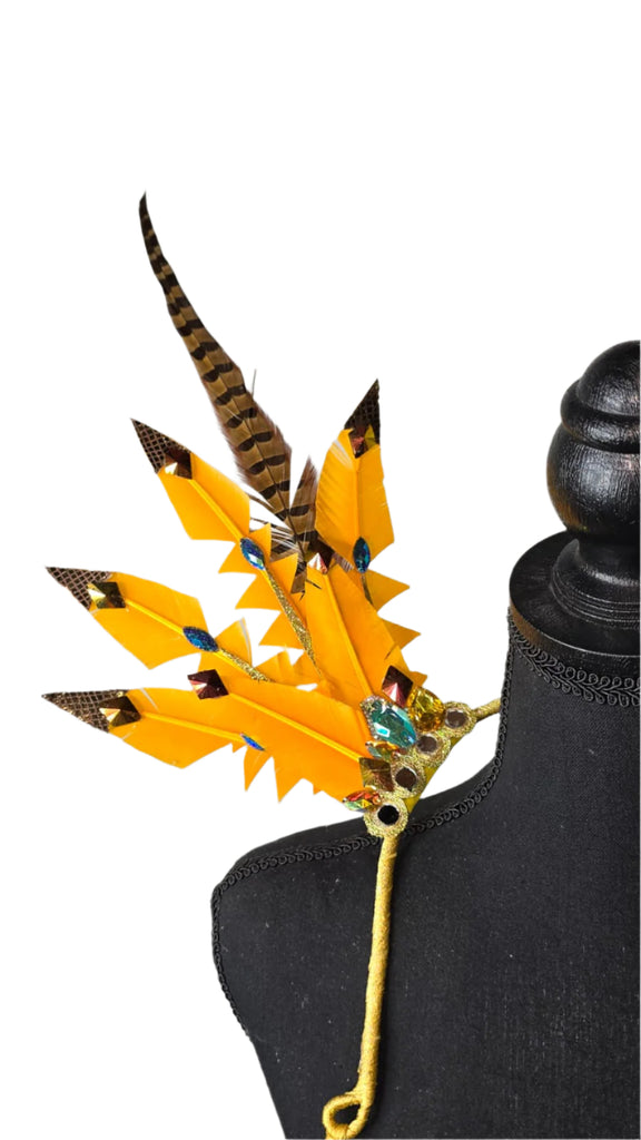 Desert Gold Feather Small Collar Wings featuring a dazzling blend of golden yellow and brown feathers with sparkling embellishments; lightweight, adjustable, and handmade for carnival and festival wear. #CARNIVALFEATHERS #CARNIVAL #CARNIVALCOSTUMES