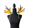Desert Gold Feather Small Collar Wings featuring a dazzling blend of golden yellow and brown feathers with sparkling embellishments; lightweight, adjustable, and handmade for carnival and festival wear. #CARNIVALFEATHERS #CARNIVAL #CARNIVALCOSTUMES