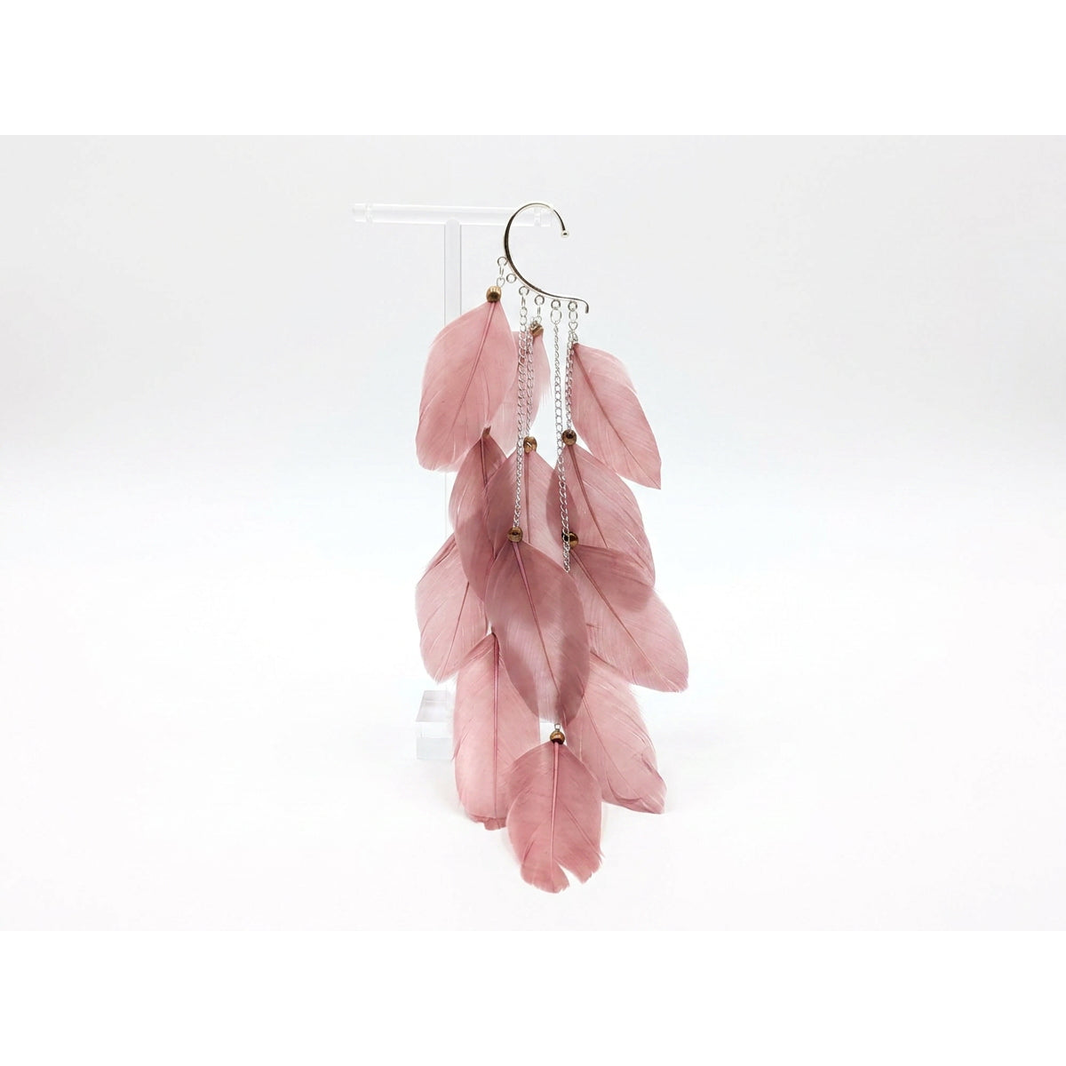 Boho Feather Ear Cuff — Dusty Rose Cascading Feather Earring, No Piercing Needed