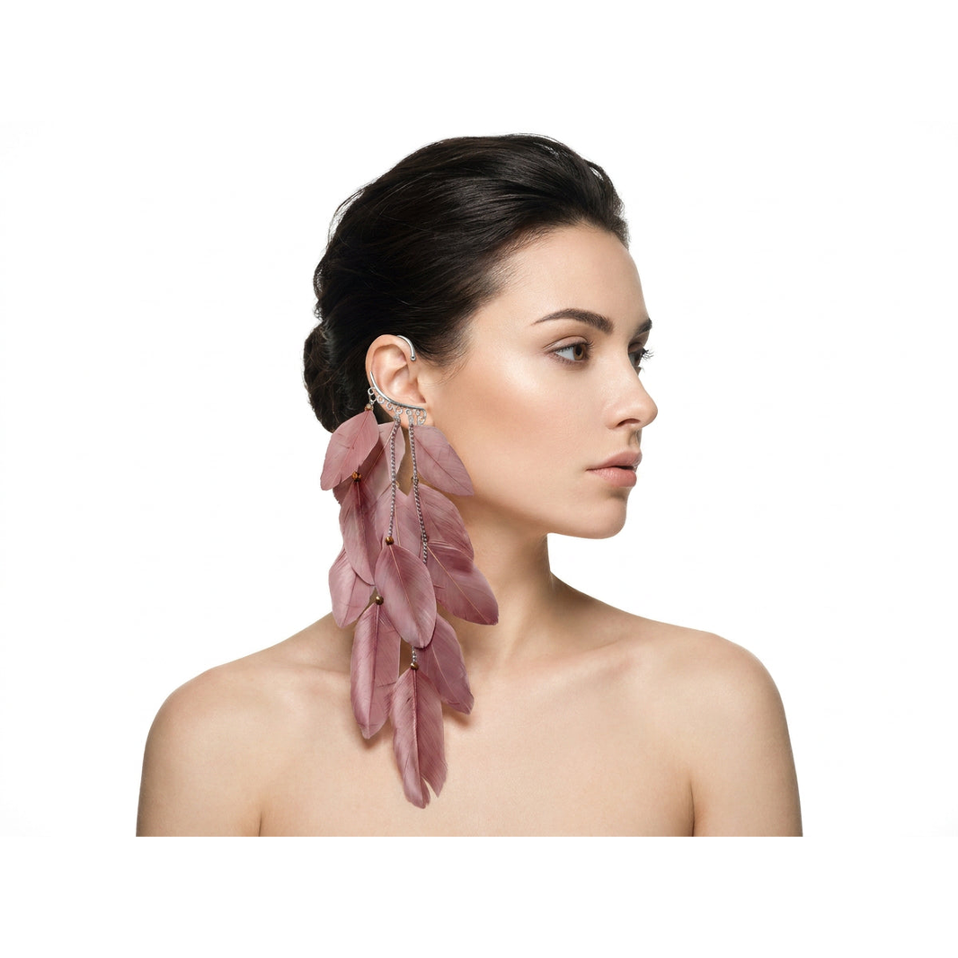 Boho Feather Ear Cuff — Dusty Rose Cascading Feather Earring, No Piercing Needed