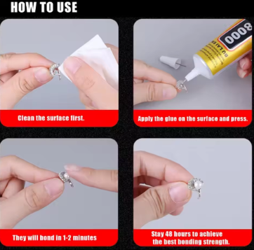 How to use E8000 glue: clean surface, apply and press, bonds in 1-2 minutes, full strength in 48 hours