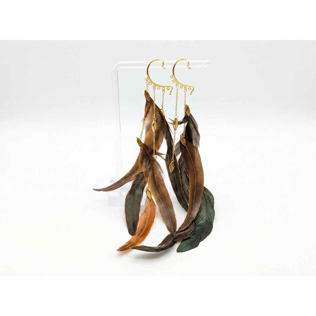 Boho Feather Ear Cuff — Forest Green & Copper Feather Earring with Leaf Charms in Gold, No Piercing Needed