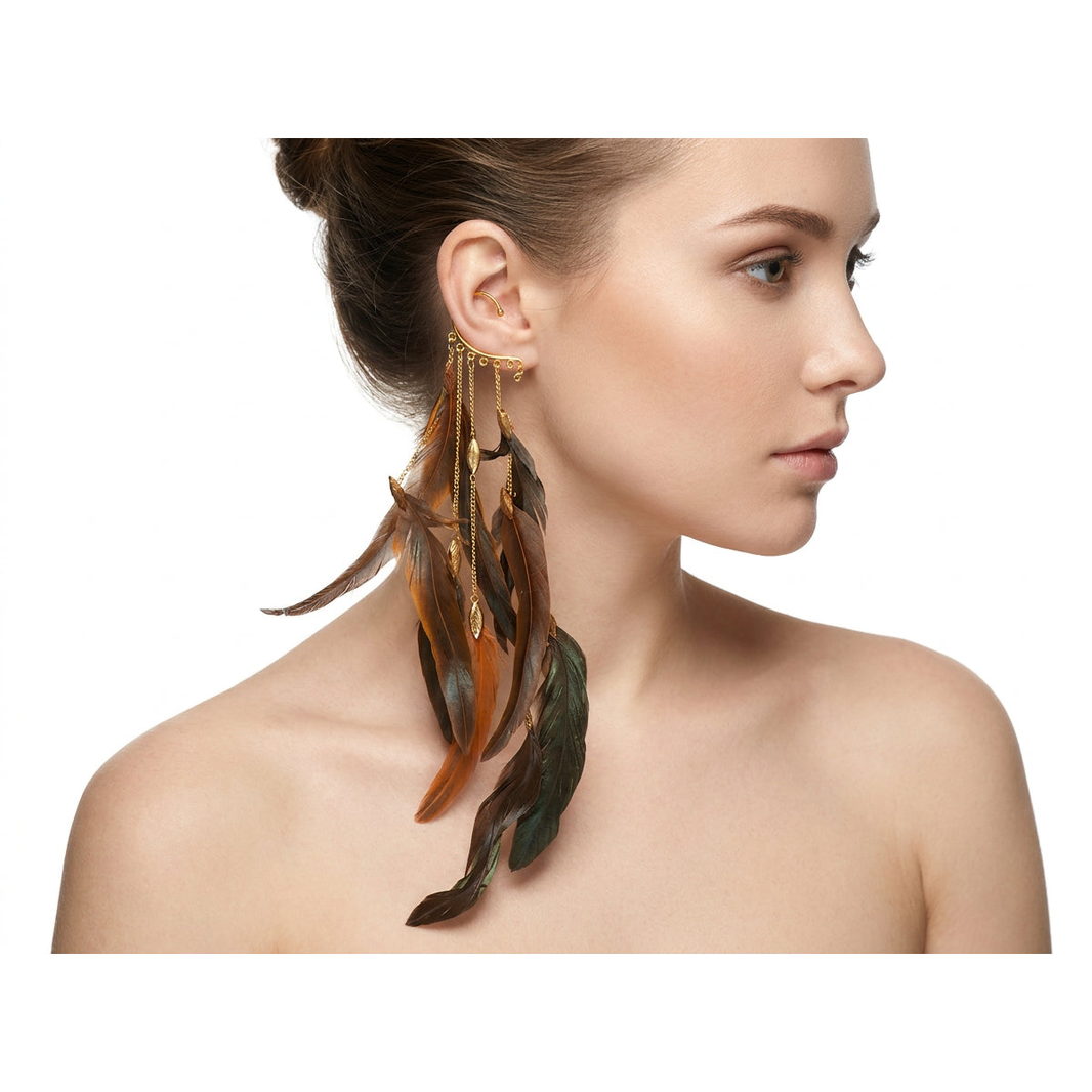 Boho Feather Ear Cuff — Forest Green & Copper Feather Earring with Leaf Charms in Gold, No Piercing Needed