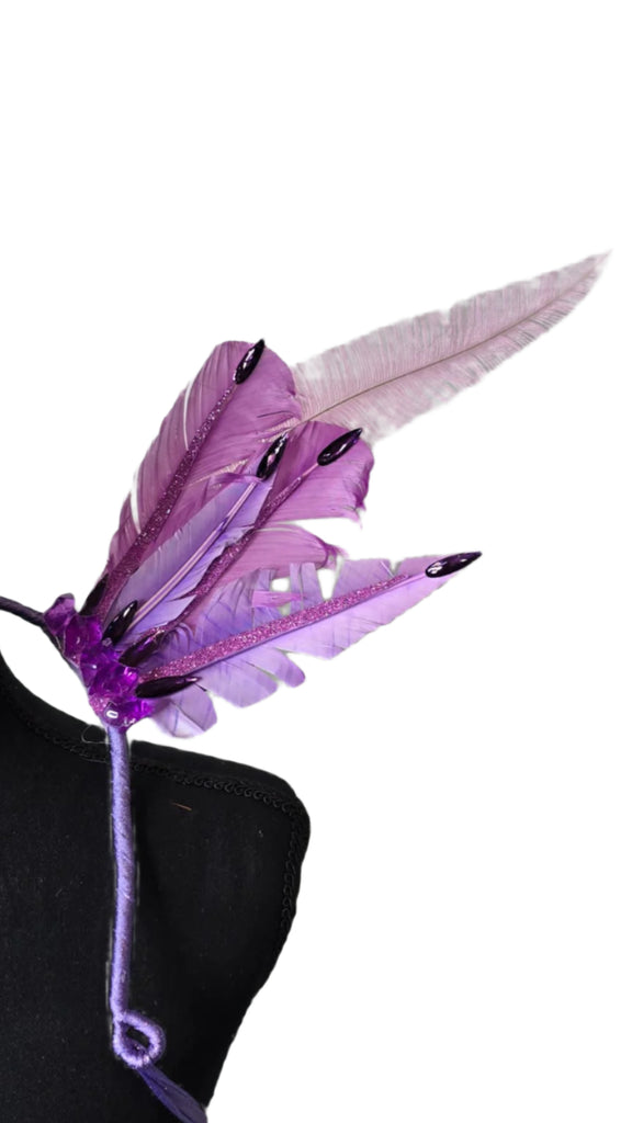 Enchanted Lilac Feather Small Collar Wings featuring soft lilac and lavender feathers with dark-tipped accents; lightweight, adjustable, and handmade for carnival and festival wear. #CARNIVALFEATHERS #CARNIVAL #CARNIVALCOSTUMES
