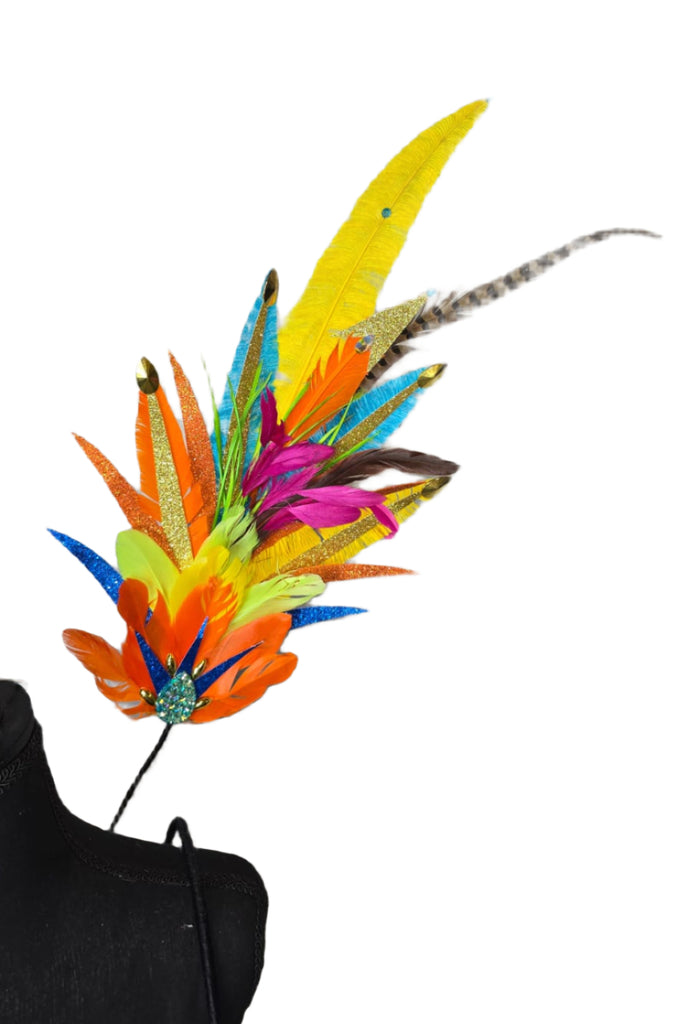 Fiesta Burst Medium Feather Backpack featuring a vibrant mix of yellow, orange, blue, green, and purple feathers with dramatic long plumes; lightweight, adjustable, and handmade for carnival and festival wear. #CARNIVALFEATHERS #CARNIVAL #CARNIVALCOSTUMES