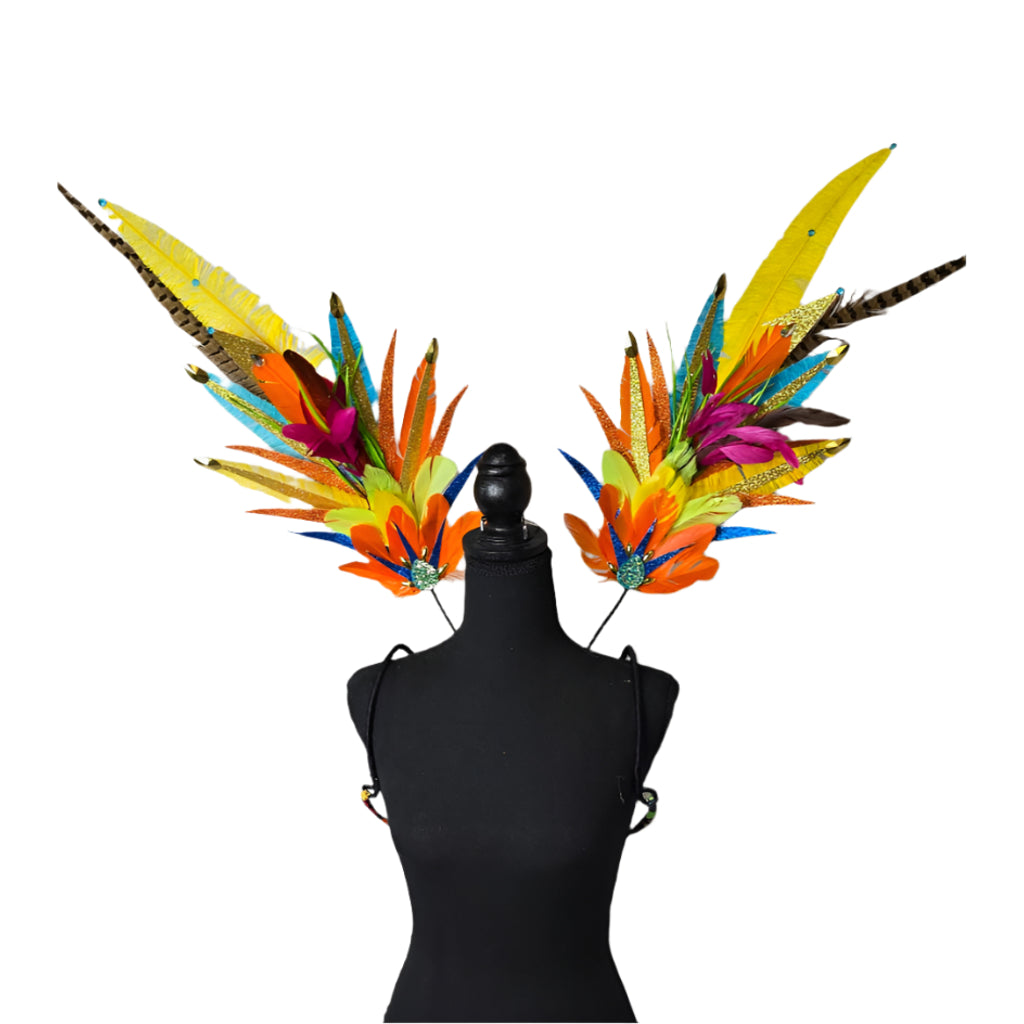 Fiesta Burst Medium Feather Backpack featuring a vibrant mix of yellow, orange, blue, green, and purple feathers with dramatic long plumes