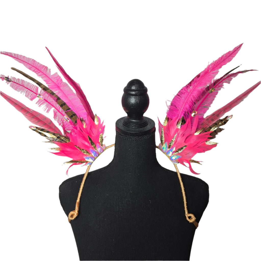 Fuchsia Pink Feather Small Collar Wings featuring vibrant pink feathers with shimmering gold accents. Lightweight and perfect for festivals, carnivals, and performances. #carnivalmw