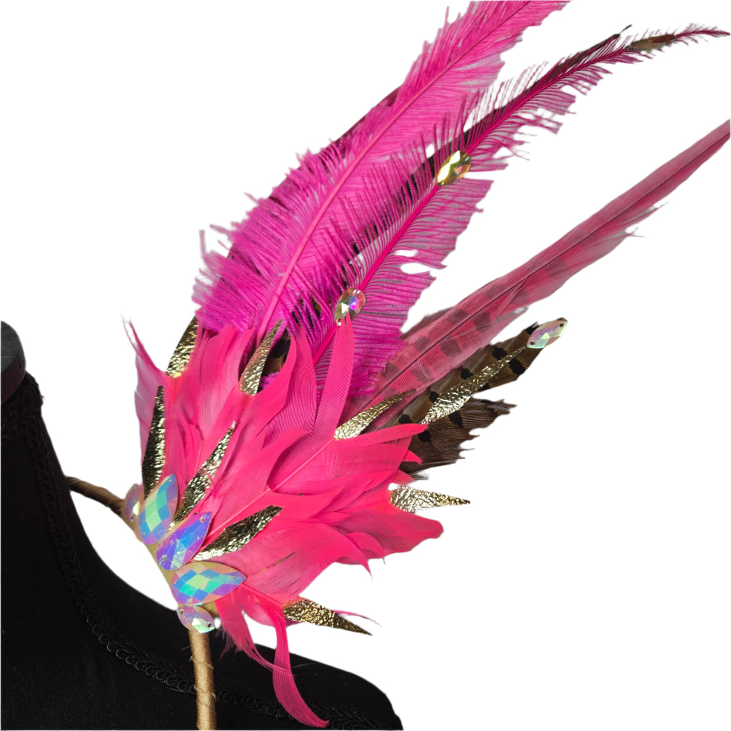 Fuchsia Pink Feather Small Collar Wings featuring vibrant pink feathers with shimmering gold accents. Lightweight and perfect for festivals, carnivals, and performances. #carnivalmw