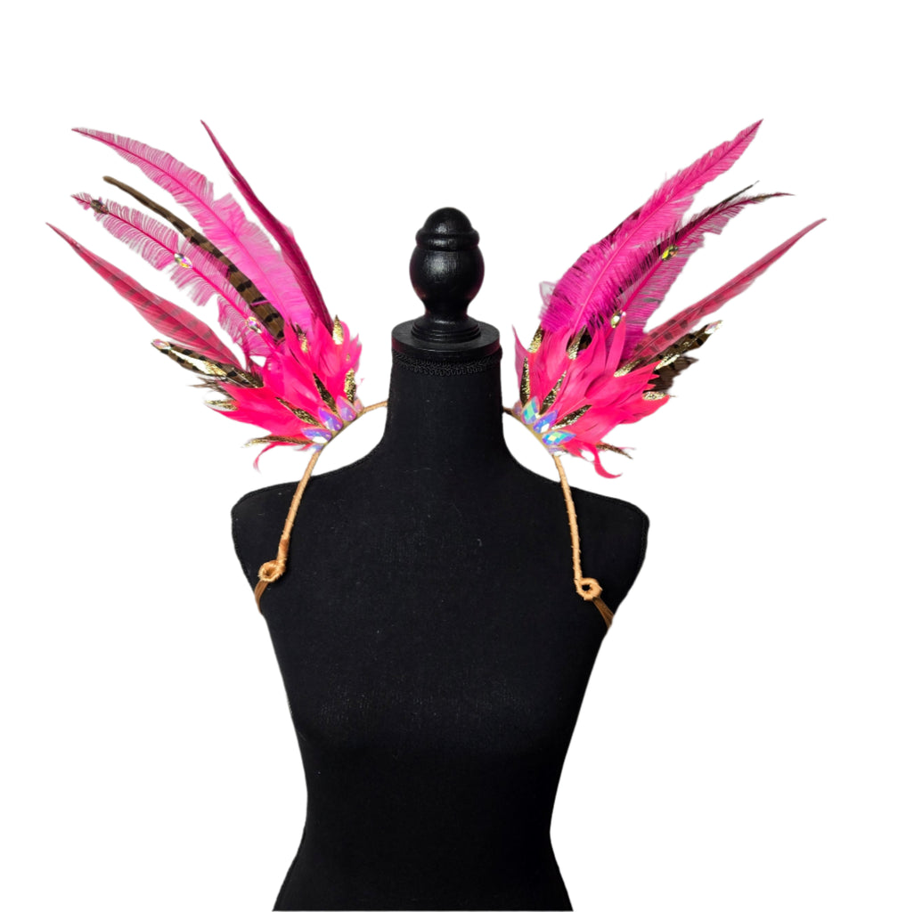 Fuchsia Pink Feather Small Collar Wings featuring vibrant pink feathers with shimmering gold accents. Lightweight and perfect for festivals, carnivals, and performances. #carnivalmw
