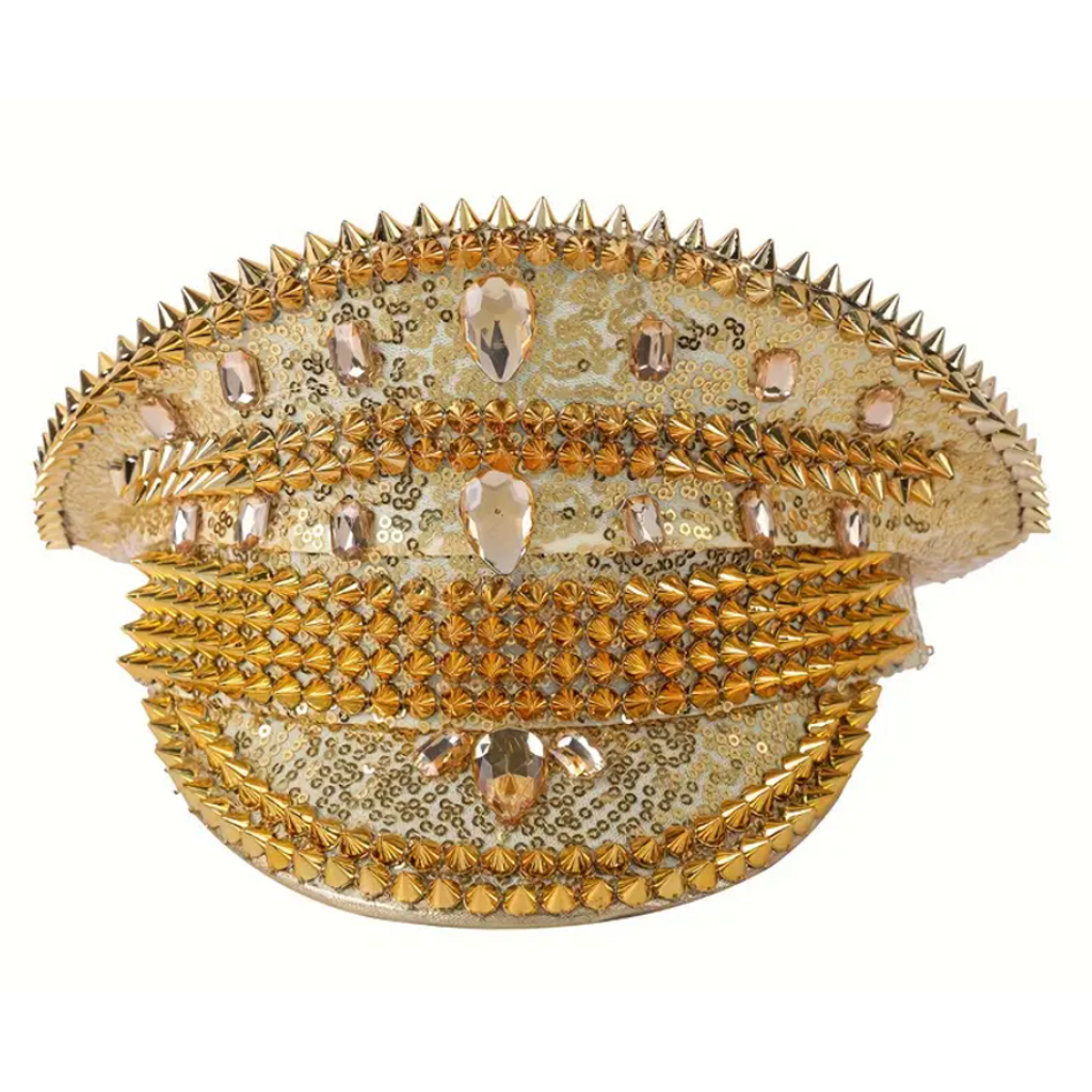 GlamRivet Festival Gold Hat with a radiant gold finish and bold rivet accents, perfect for festivals, carnivals, and glamorous events