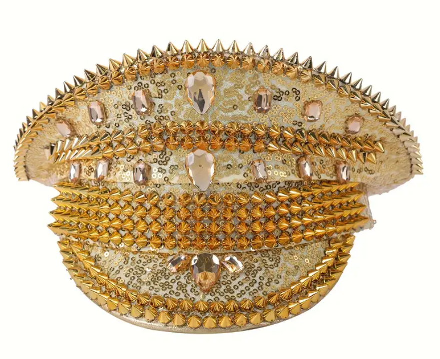 GlamRivet Festival Gold Hat with a radiant gold finish and bold rivet accents, perfect for festivals, carnivals, and glamorous events. Made from lightweight, 100% non-woven fabric for comfort and standout style. #carnivalmw