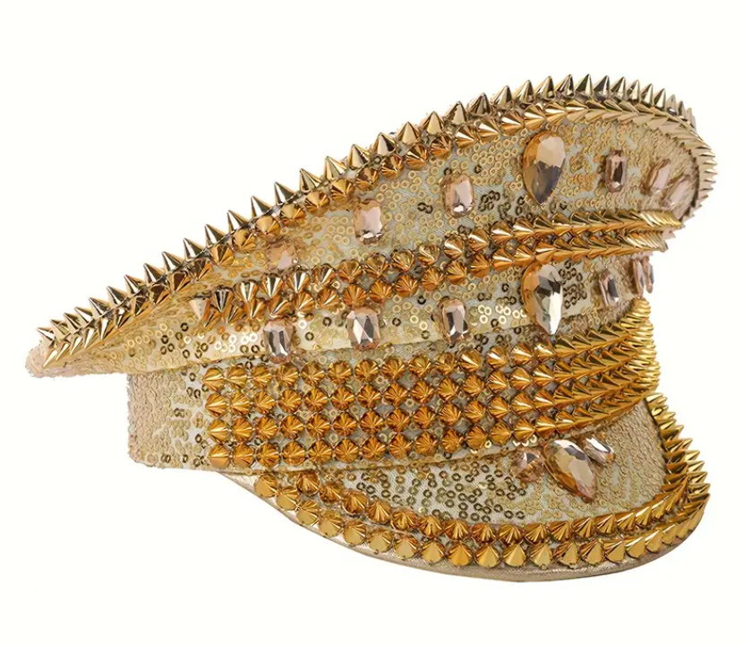 GlamRivet Festival Gold Hat with a radiant gold finish and bold rivet accents, perfect for festivals, carnivals, and glamorous events. Made from lightweight, 100% non-woven fabric for comfort and standout style. #carnivalmw