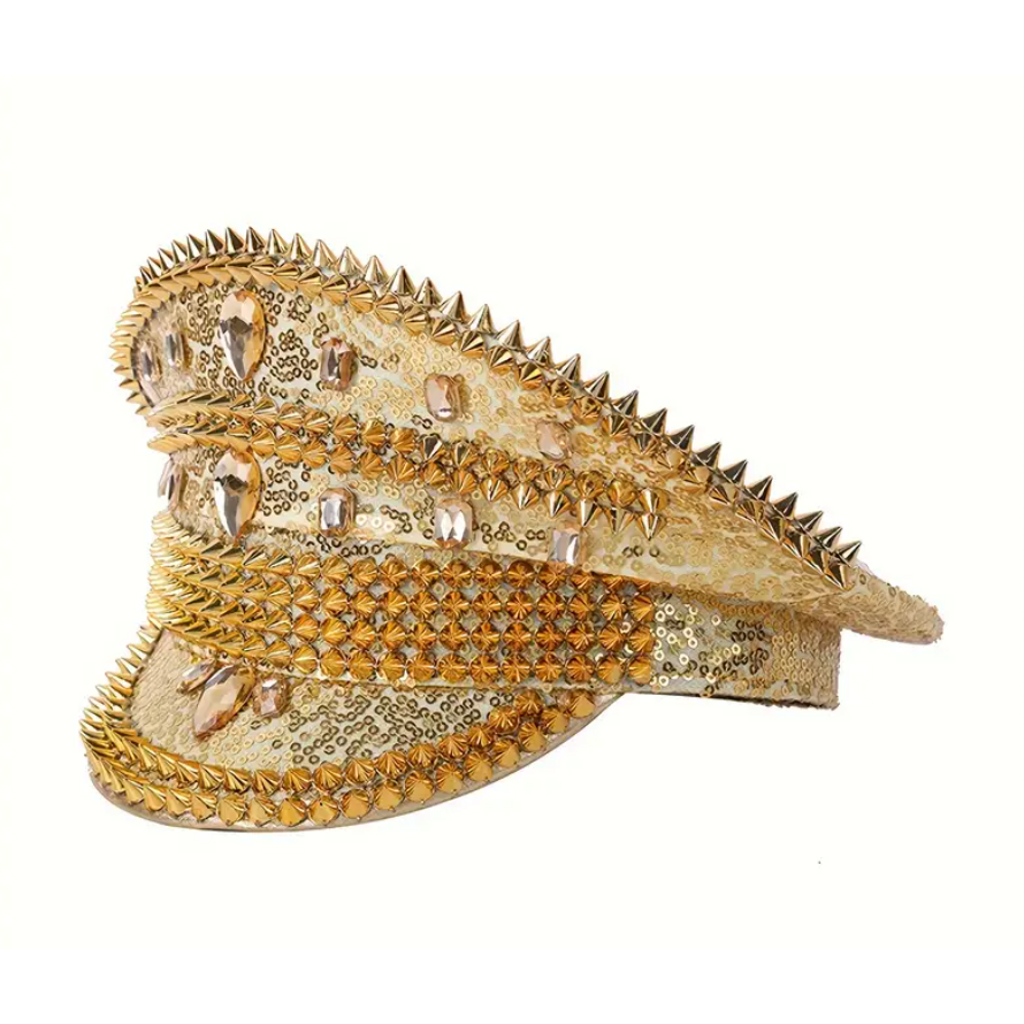 GlamRivet Festival Gold Hat with a radiant gold finish and bold rivet accents, perfect for festivals, carnivals, and glamorous events