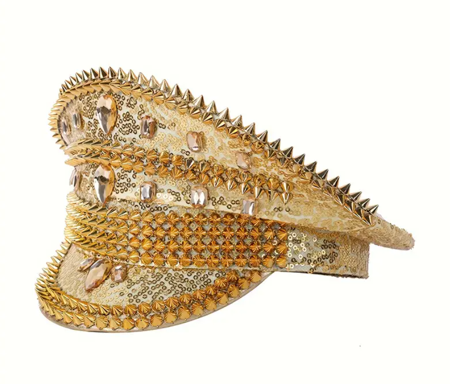 GlamRivet Festival Gold Hat with a radiant gold finish and bold rivet accents, perfect for festivals, carnivals, and glamorous events. Made from lightweight, 100% non-woven fabric for comfort and standout style. #carnivalmw