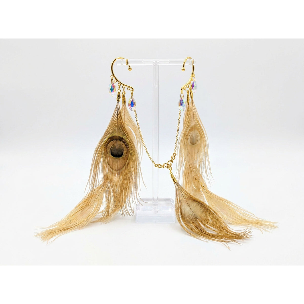 Boho Peacock Feather Ear Cuff — Champagne Gold Bleached Peacock Earring, No Piercing Needed