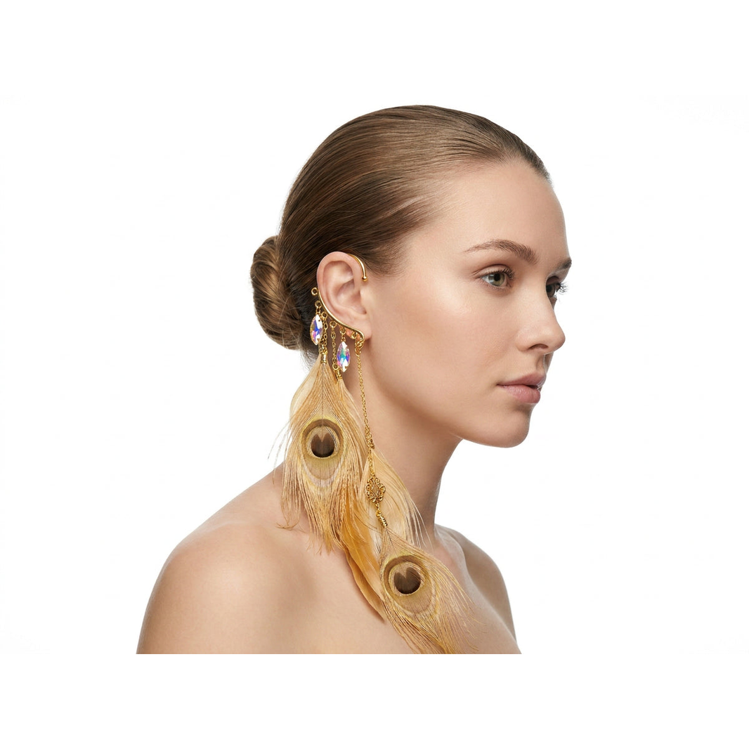 Boho Peacock Feather Ear Cuff — Champagne Gold Bleached Peacock Earring, No Piercing Needed