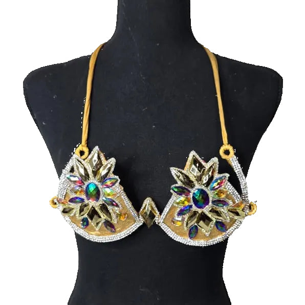 Gold Prism Petal Decorated Wire Bra with iridescent crystal petals and rhinestone trim on a mannequin #wirebra #carnival