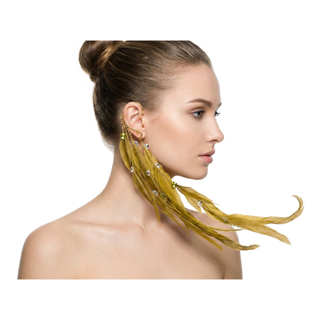 Boho Feather Ear Cuff — Golden Olive Feather & Crystal Earring in Gold, No Piercing Needed
