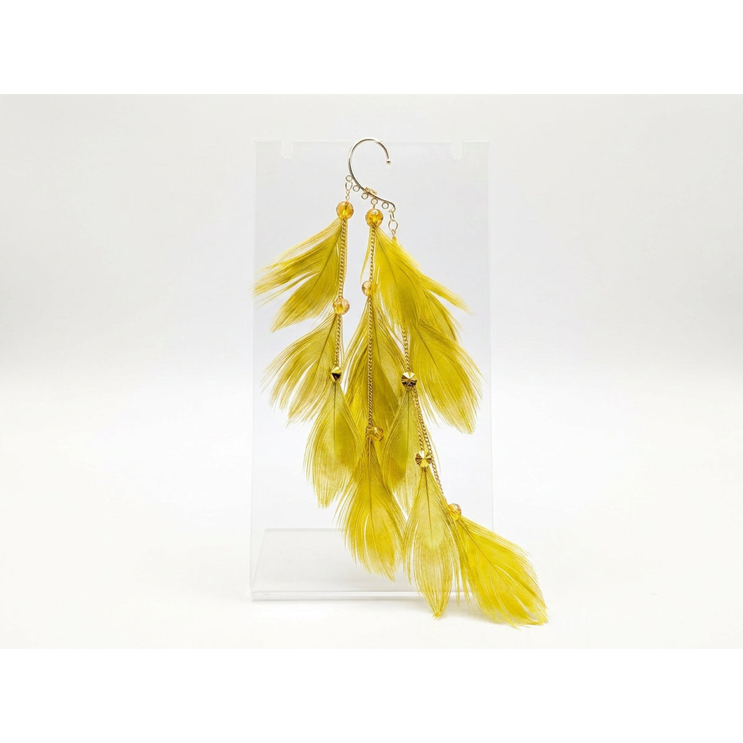 Boho Feather Ear Cuff — Chartreuse Feather & Amber Crystal Earring in Gold, No Piercing Needed