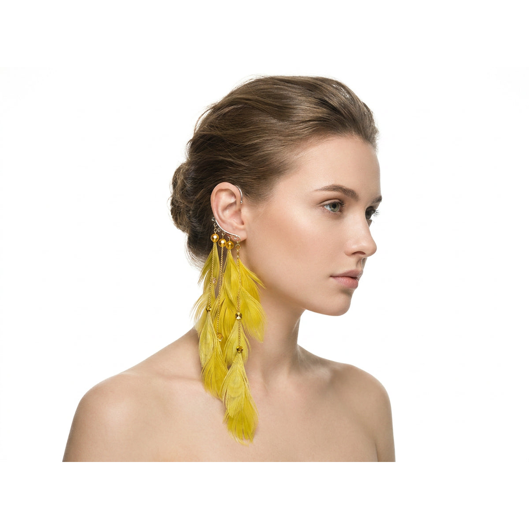 Boho Feather Ear Cuff — Chartreuse Feather & Amber Crystal Earring in Gold, No Piercing Needed