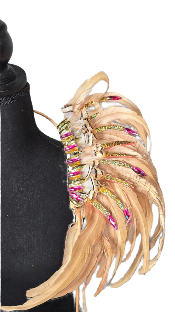 Golden Mirage Feather Small Collar Wings, featuring layers of soft golden-beige and magenta-accented feathers for a shimmering, sunlit carnival look. #CarnivalMW #FestivalFashion #CarnivalReady #FeatherAccessories