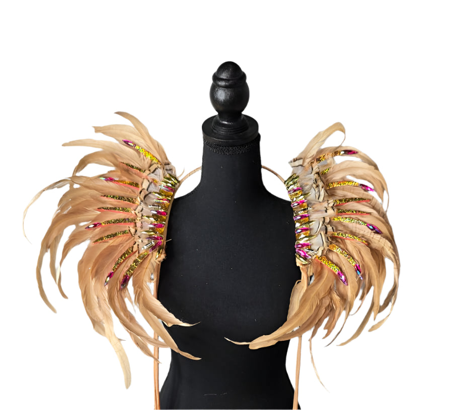 Golden Mirage Feather Small Collar Wings, featuring layers of soft golden-beige and magenta-accented feathers for a shimmering, sunlit carnival look. #CarnivalMW #FestivalFashion #CarnivalReady #FeatherAccessories