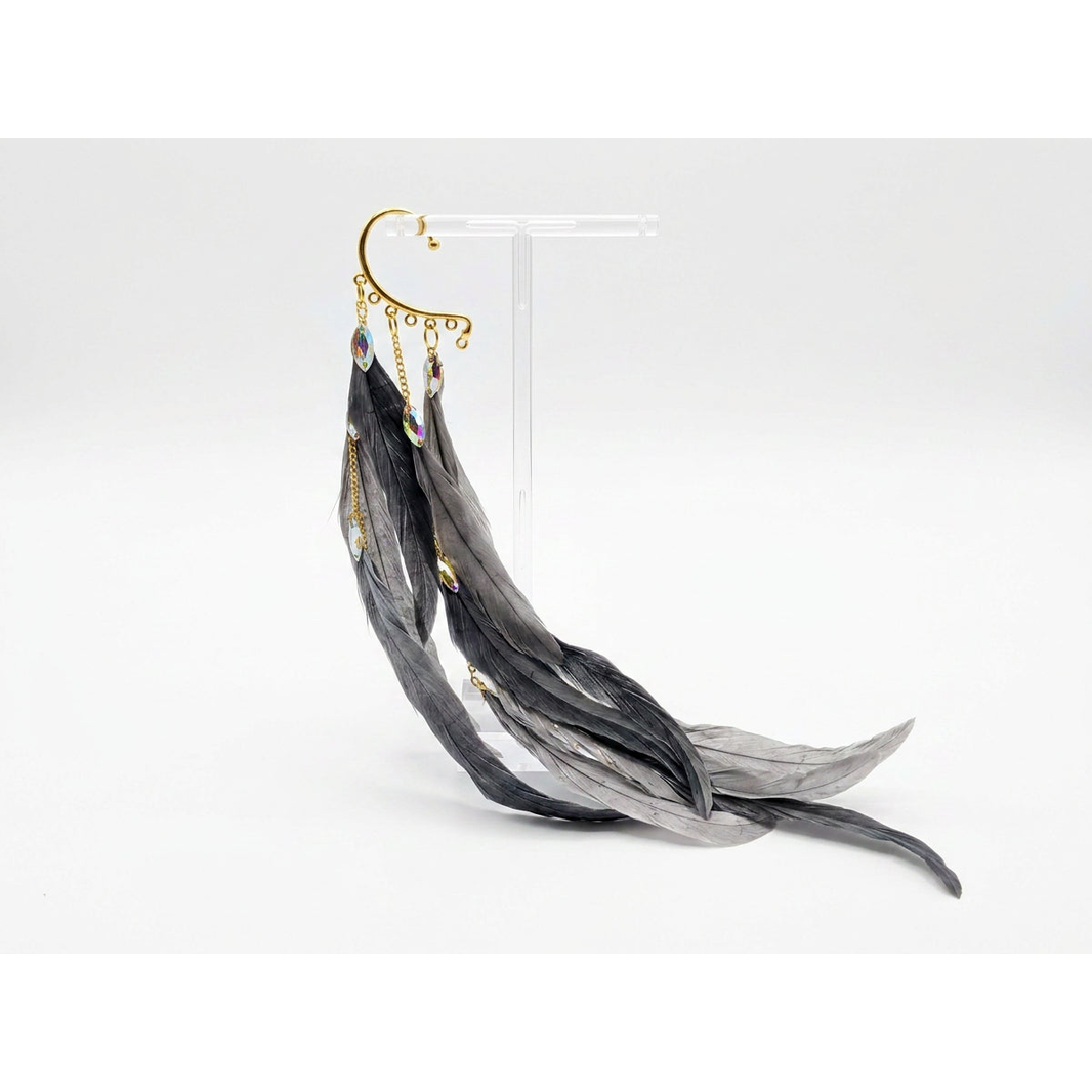 Boho Feather Ear Cuff — Smoky Gray Feather & Crystal Earring in Gold, No Piercing Needed