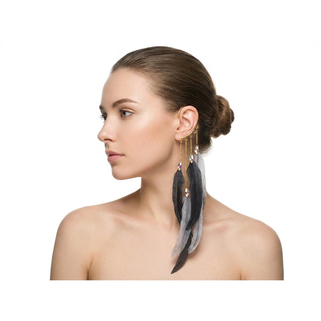 Boho Feather Ear Cuff — Smoky Gray Feather & Crystal Earring in Gold, No Piercing Needed