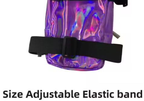 A dazzling holographic thigh bag with adjustable straps, made from high-quality PU leather. Features multiple compartments, a zipper closure, and a waterproof design, perfect for carnivals and festivals. #CarnivalMW #Carnival #Mondaywear #FestivalEssentials #HoloGlamBag