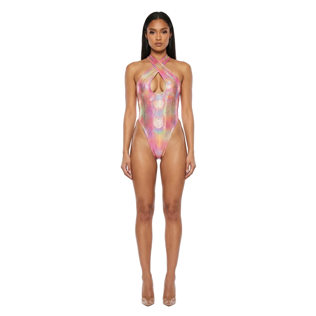 Holographic Snake One-Piece Monokini Swimsuit Mondaywear — bold one-piece swimsuit for carnival Monday wear, fetes, festivals, pool, and beach
