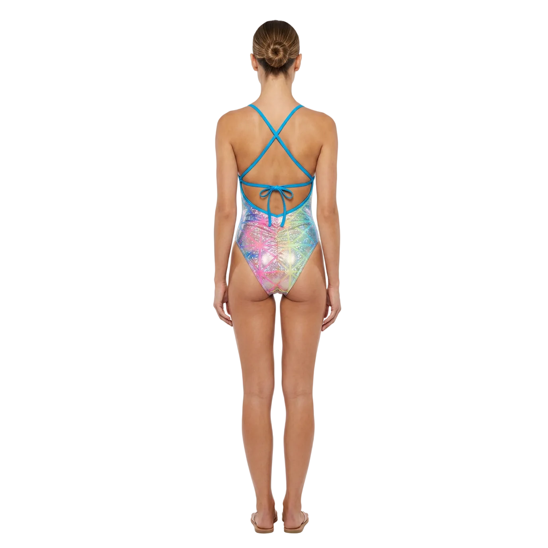 Holographic Rainbow One-Piece Monokini Swimsuit Mondaywear — bold one-piece swimsuit for carnival Monday wear, fetes, festivals, pool, and beach