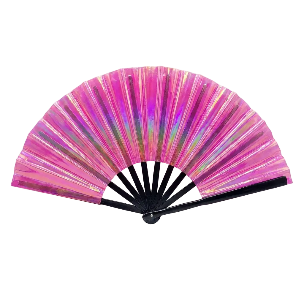 Pink Road Ready Holographic Clacker Fan — holographic clacker hand fan for making noise at fetes, jouvert, and carnival