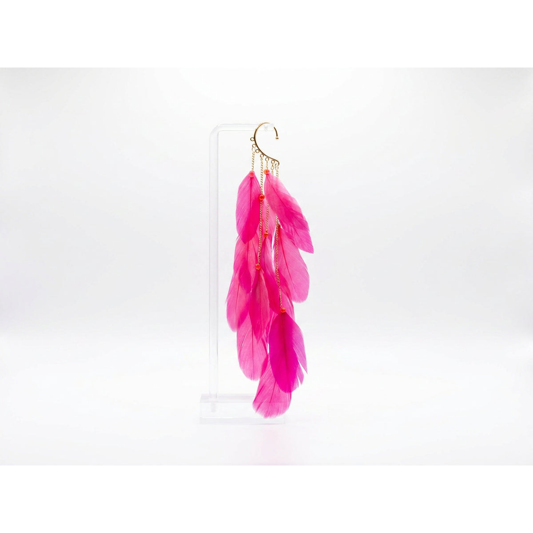 Boho Feather Ear Cuff — Hot Pink Cascading Feather Earring in Gold, No Piercing Needed