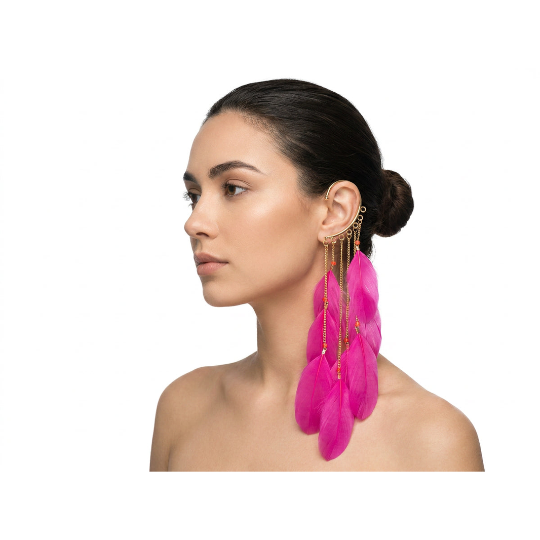 Boho Feather Ear Cuff — Hot Pink Cascading Feather Earring in Gold, No Piercing Needed