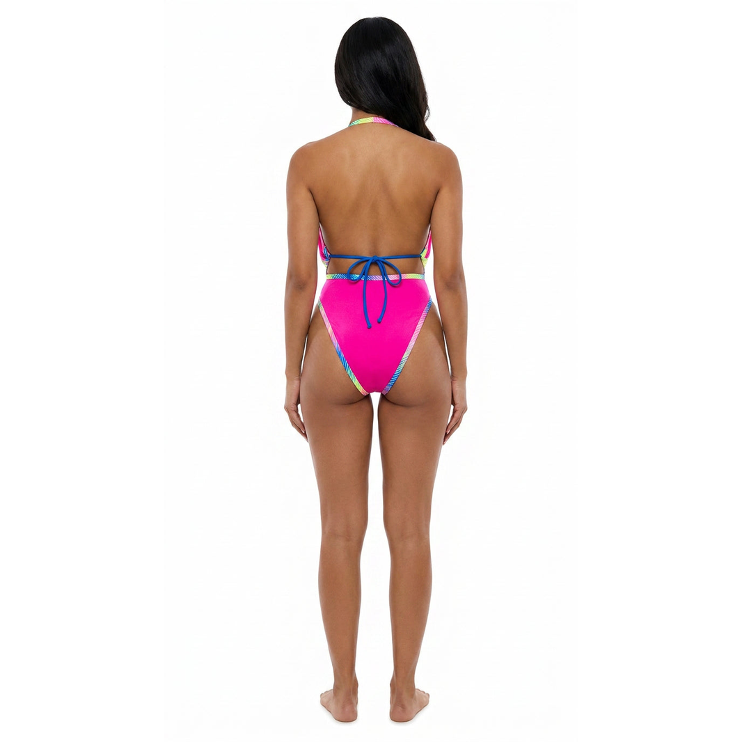 Pink Diamond Embellished Lace-Up One-Piece Monokini Swimsuit Mondaywear — bold one-piece swimsuit for carnival Monday wear, fetes, festivals, pool, and beach