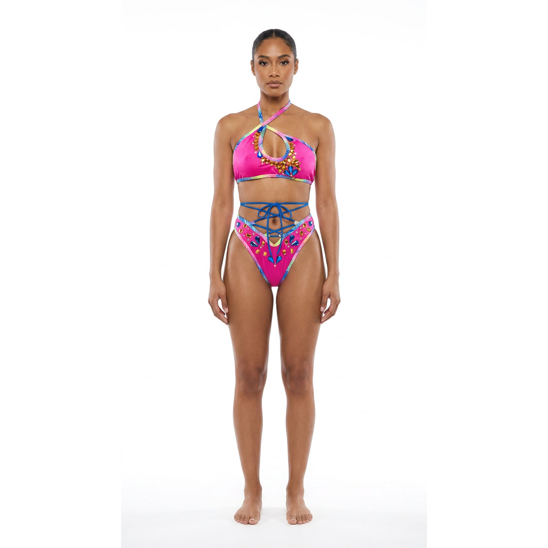 Pink Diamond Embellished Lace-Up One-Piece Monokini Swimsuit Mondaywear — bold one-piece swimsuit for carnival Monday wear, fetes, festivals, pool, and beach
