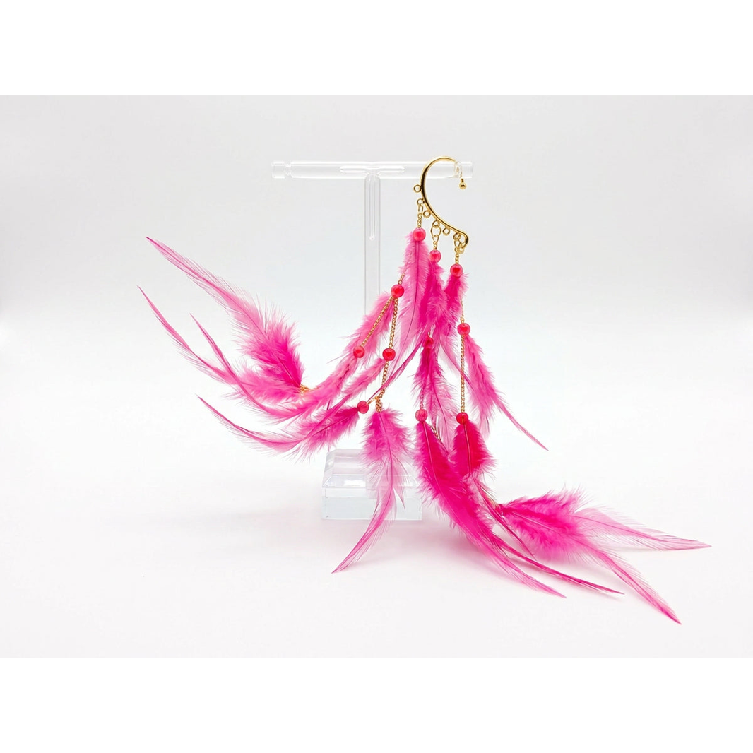 Boho Feather Ear Cuff — Magenta Wispy Feather Earring in Gold, No Piercing Needed