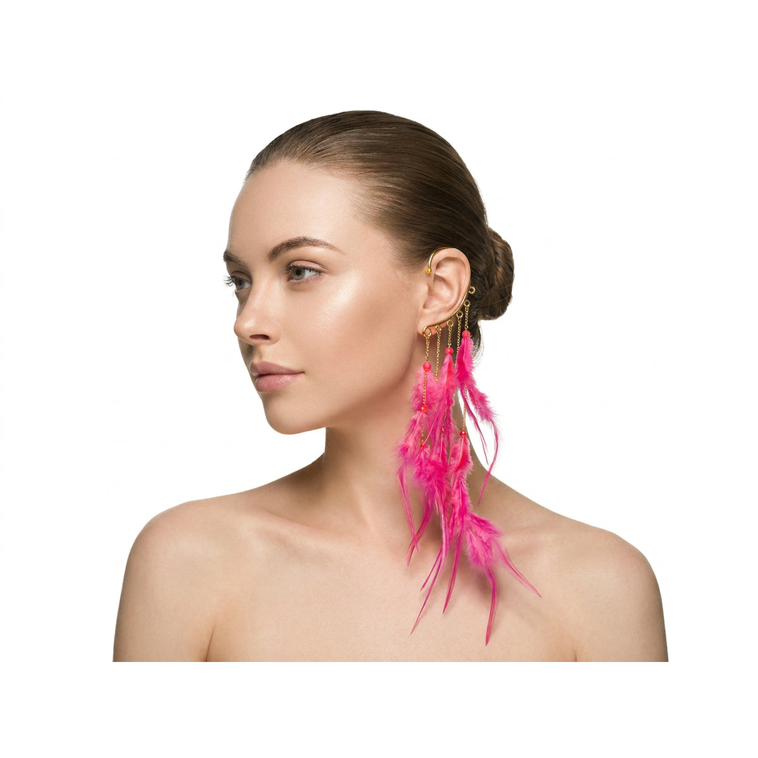 Boho Feather Ear Cuff — Magenta Wispy Feather Earring in Gold, No Piercing Needed