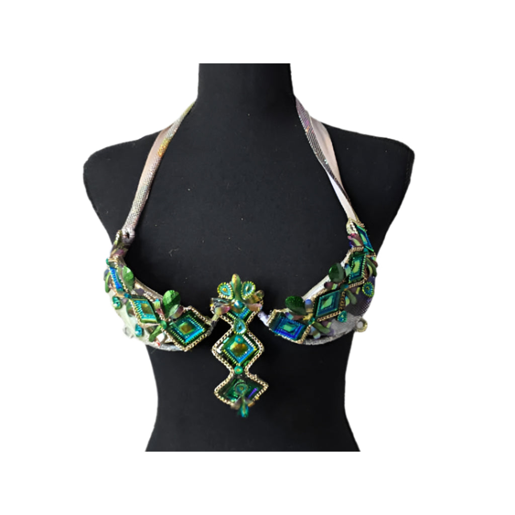 Jade Carnival Decorated Wire Bra featuring a shimmering iridescent base, bold emerald green and blue geometric gem patterns, and gold accents, displayed on a black mannequin—perfect for carnivals, samba dancers, and festival performances