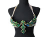 Jade Carnival Decorated Wire Bra featuring a shimmering iridescent base, bold emerald green and blue geometric gem patterns, and gold accents, displayed on a black mannequin—perfect for carnivals, samba dancers, and festival performances. #CarnivalMW #CarnivalReady #FestivalFashion #WireBra #JadeCarnival #ShowgirlStyle #CustomCostumes #carnivalfeathers #carnivalcostume #carnivalbackpack #festival #festivalwear #festivallooks #carnival #mondaywea